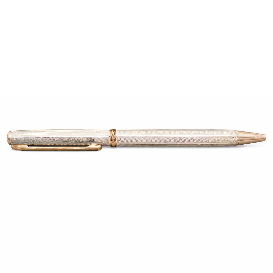 Handcrafted Sterling Silver Guilloché Ballpoint Pen with Rose Gold Accents