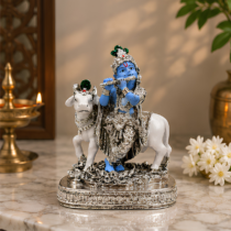 Silver Krishna with Cow Idol – Blue & White Finish