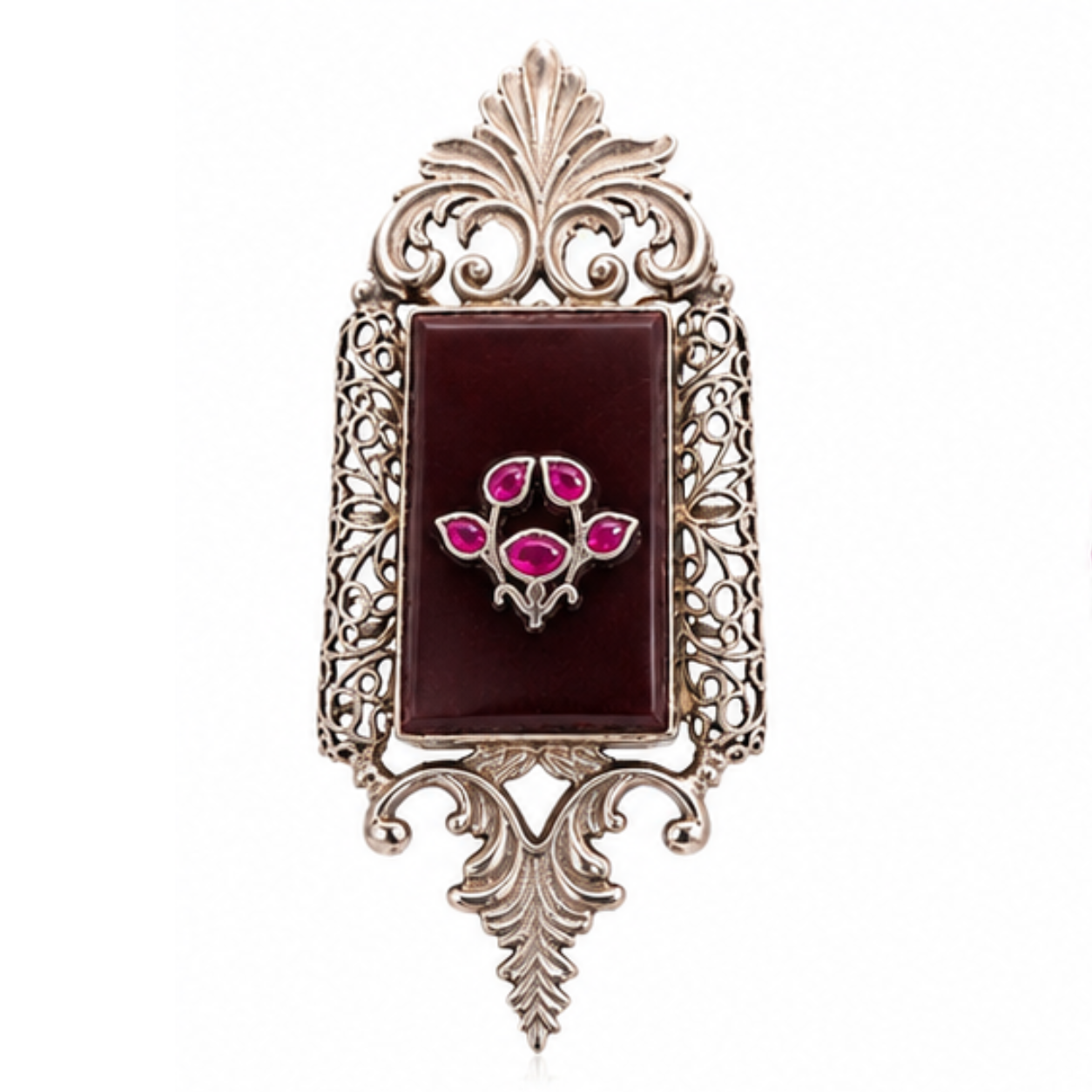 Vintage-Inspired Silver Brooch with Red Stone & Pink Accents