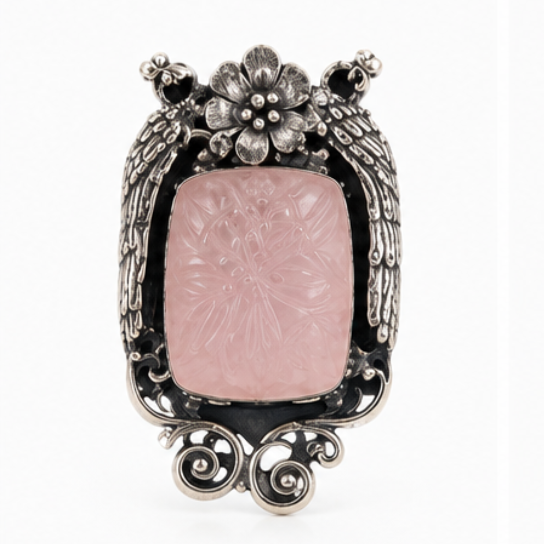Sterling Silver Carved Rose Quartz Brooch