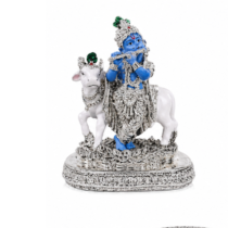 Silver Krishna with Cow Idol – Blue & White Finish